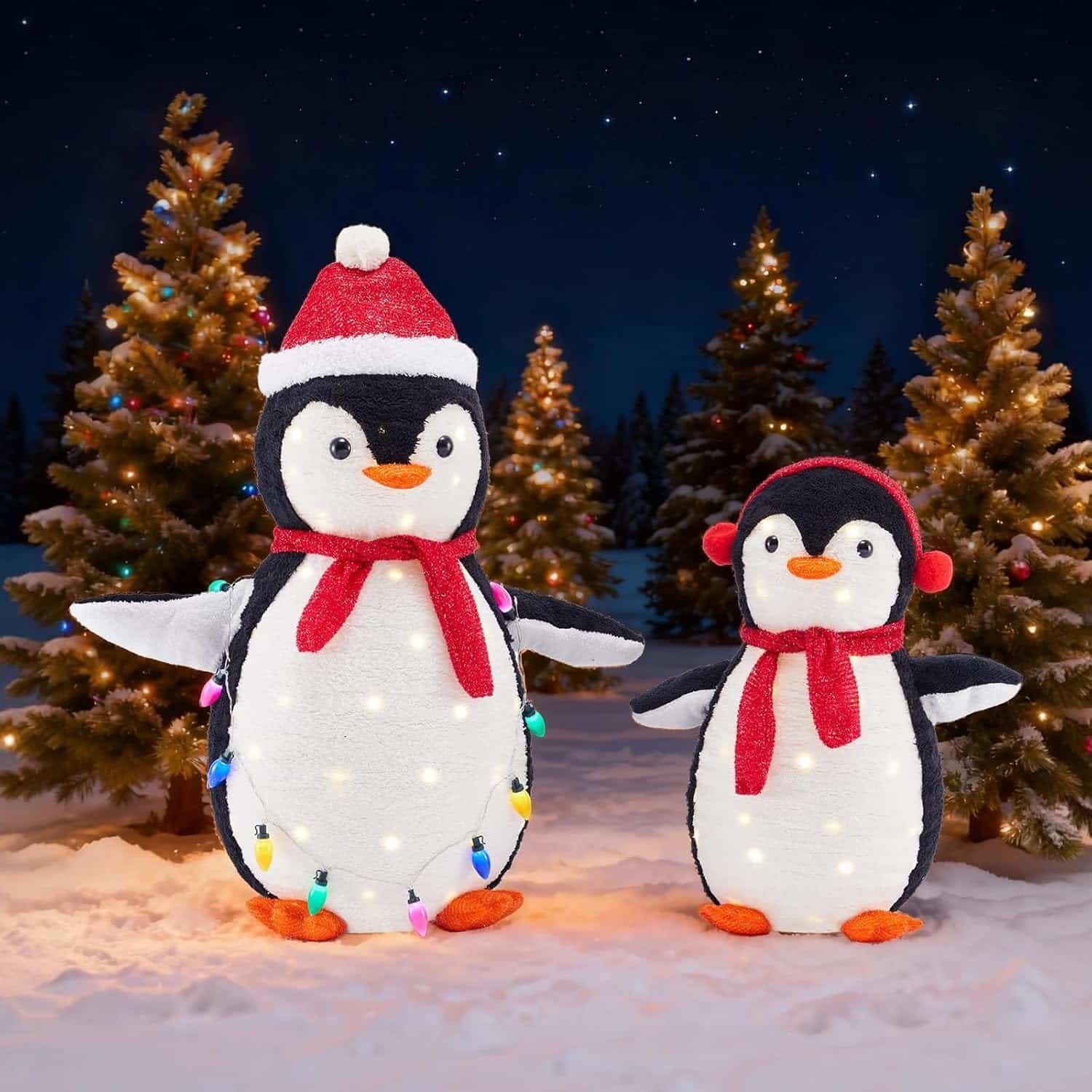 DUMOS 2-Piece Lighted Penguin Family Outdoor Christmas Decoration, Pop up Holiday Decor with 150 LED Lights for Yard, Garden, Storefront, Red